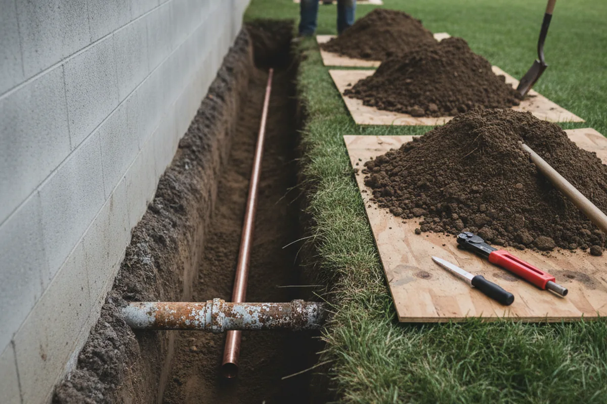 Excavated water line trench during Sewer Line Repair in Courtland